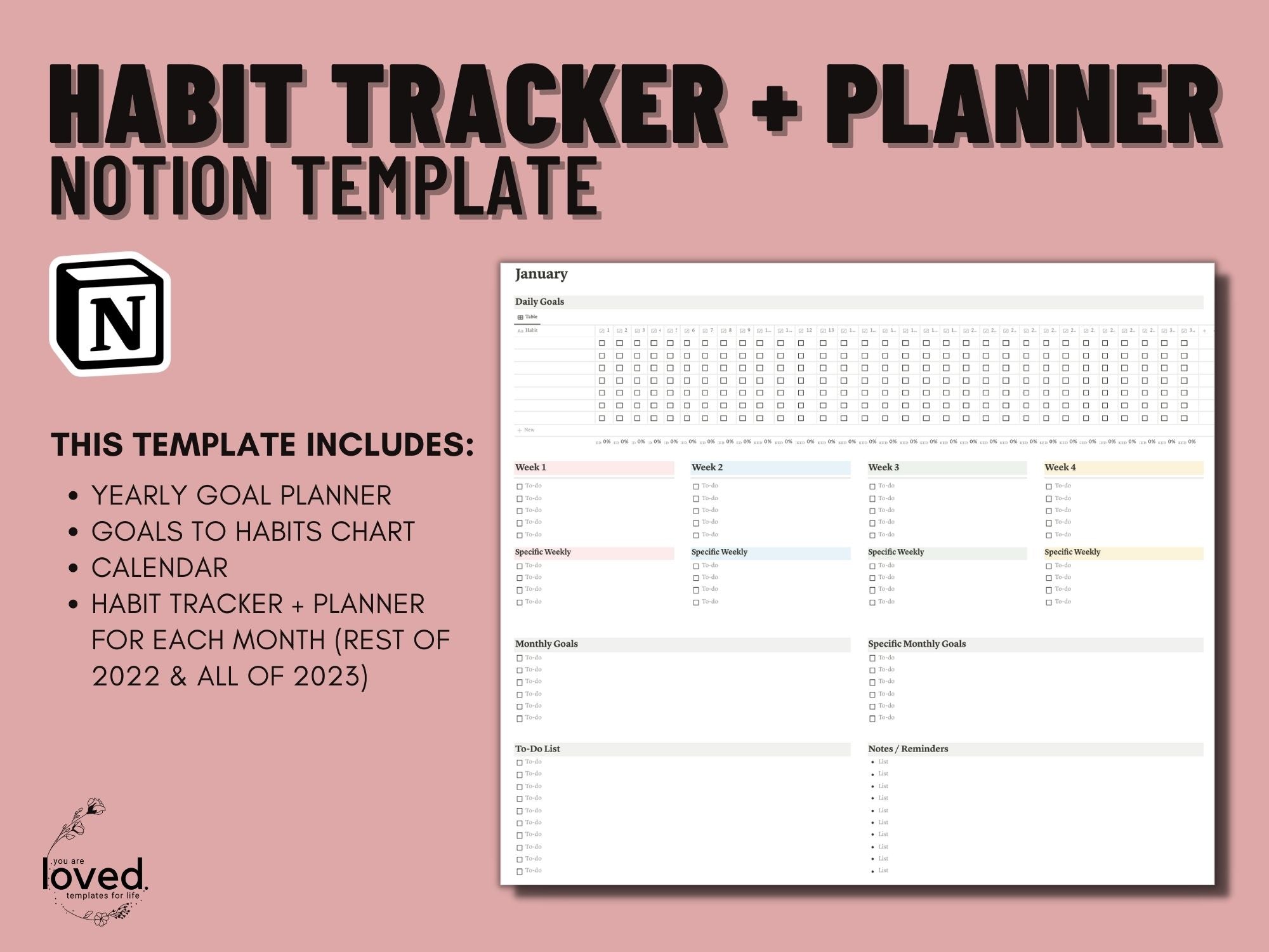 Habit Tracker + Planner Notion Template You are Loved Templates