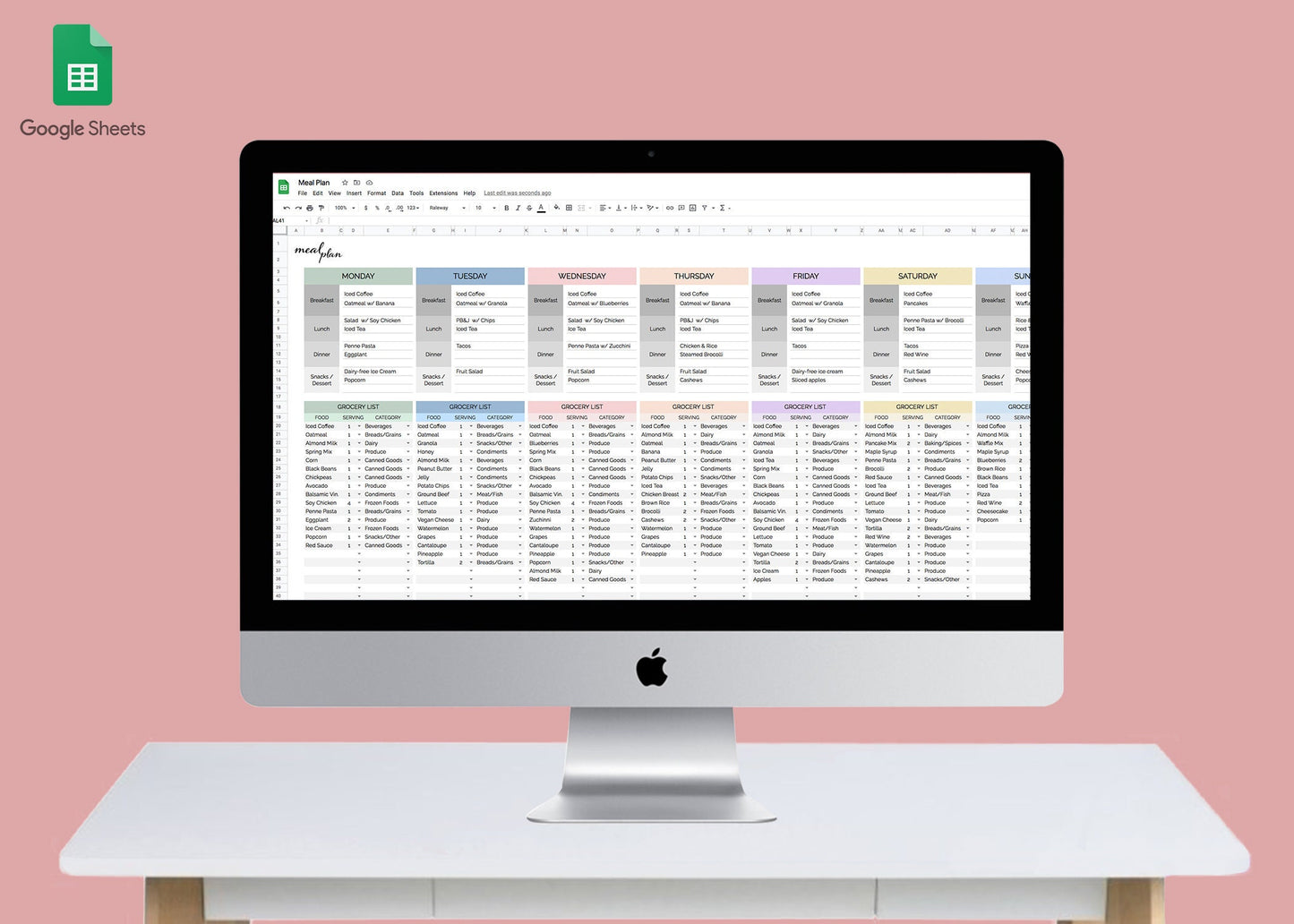 Meal Planner & Automated Grocery List | Google Sheets