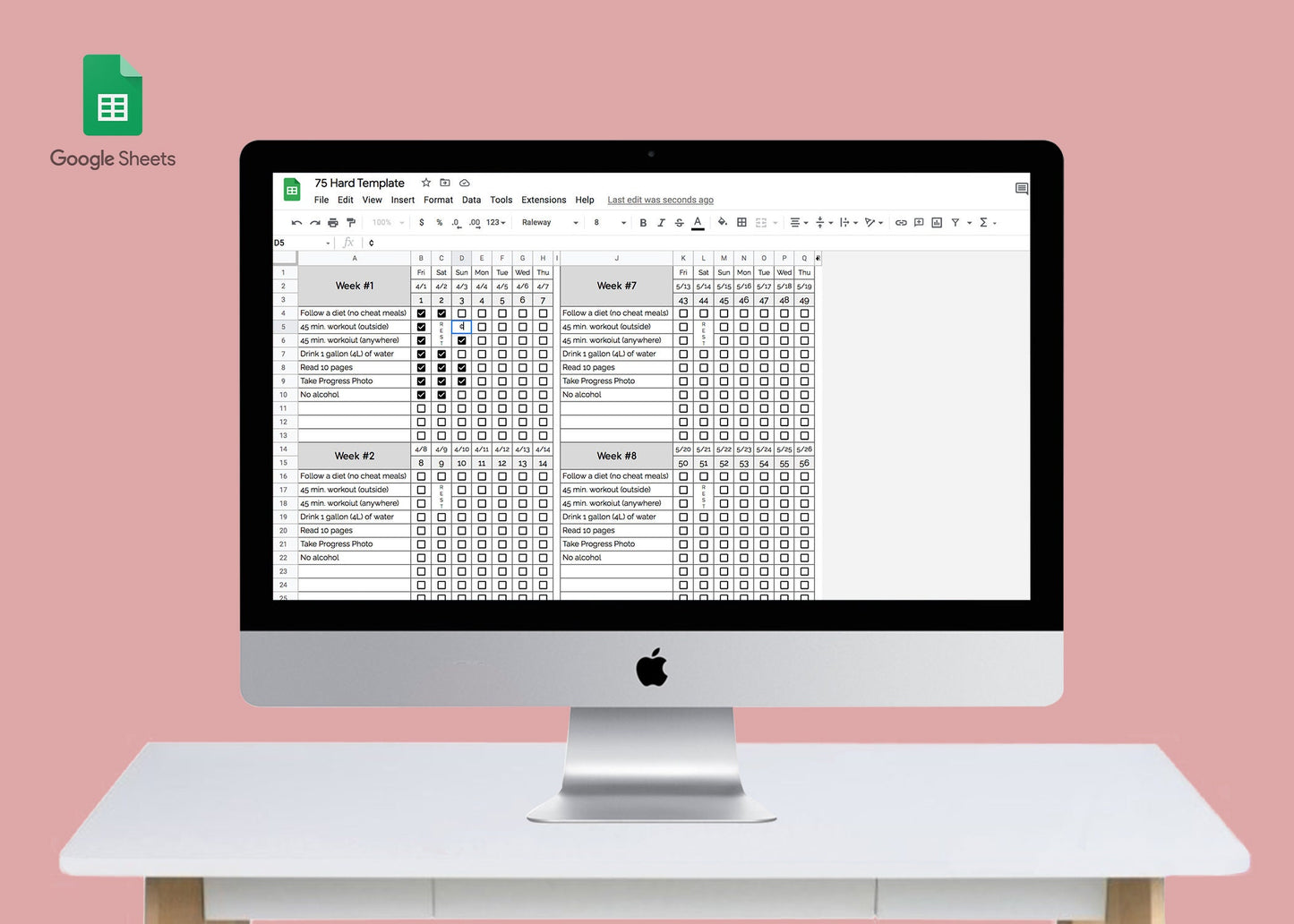 75 Hard/Soft Challenge Progress Tracker | Google Sheets Template