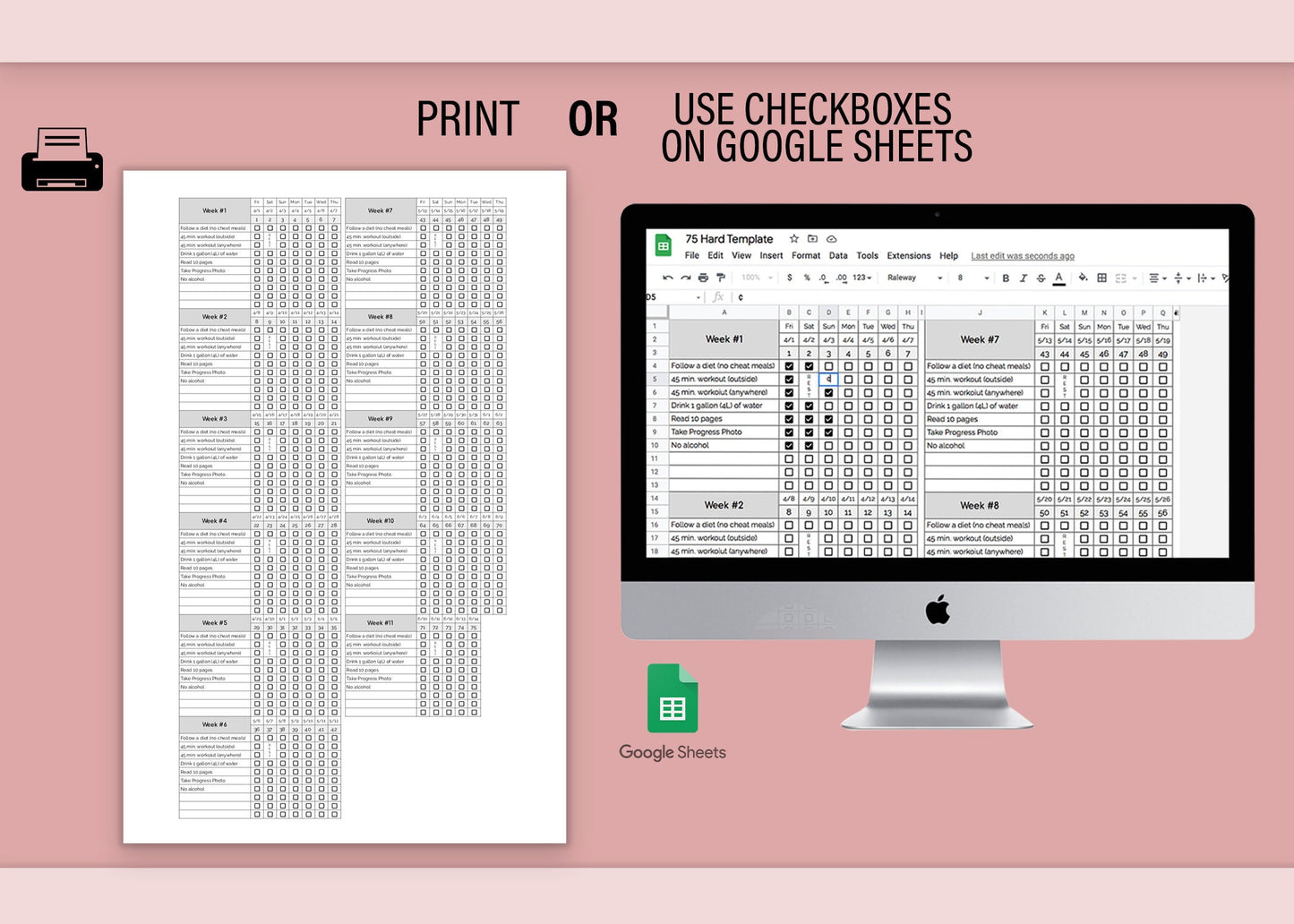 75 Hard/Soft Challenge Progress Tracker | Google Sheets Template