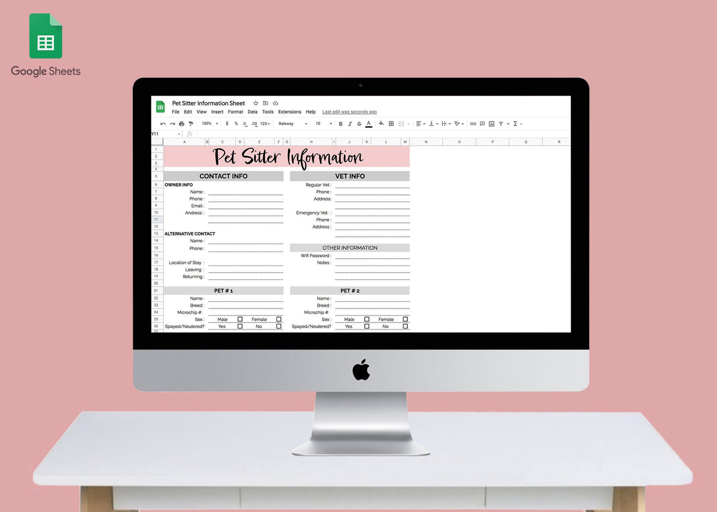 Pet Sitter Instructions | Google Sheets Template | Printable