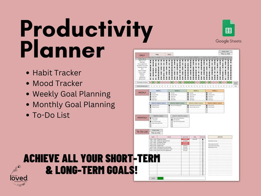 Productivity Planner | Google Sheets Template | Habit Tracker | To Do List