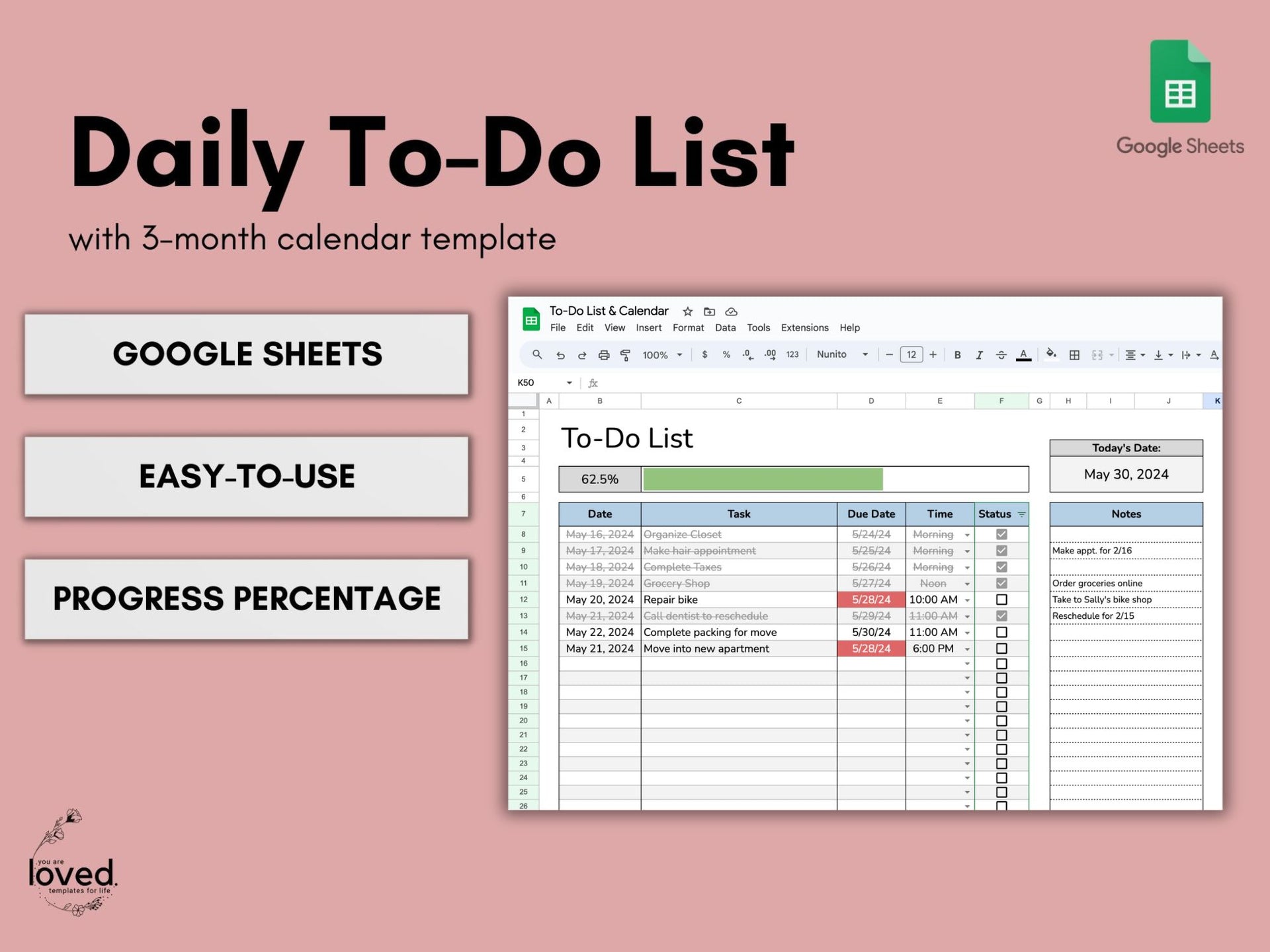 To Do List Calendar Google Sheets Template – You are Loved
