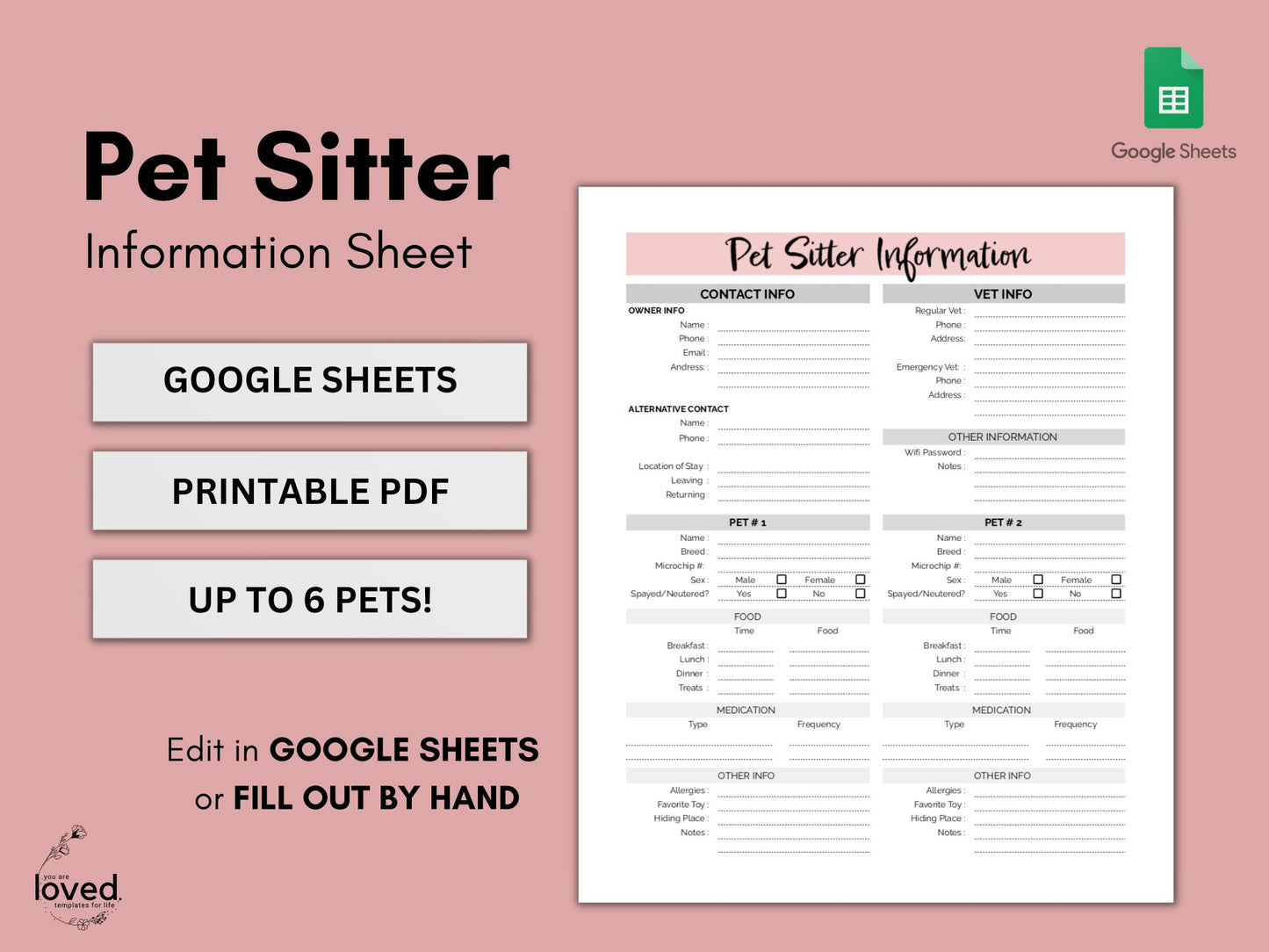 Pet Sitter Instructions | Google Sheets Template | Printable