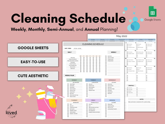 Cleaning Schedule Checklist | Weekly, Monthly, Semi-Annual, & Annual Planning | Google Sheets