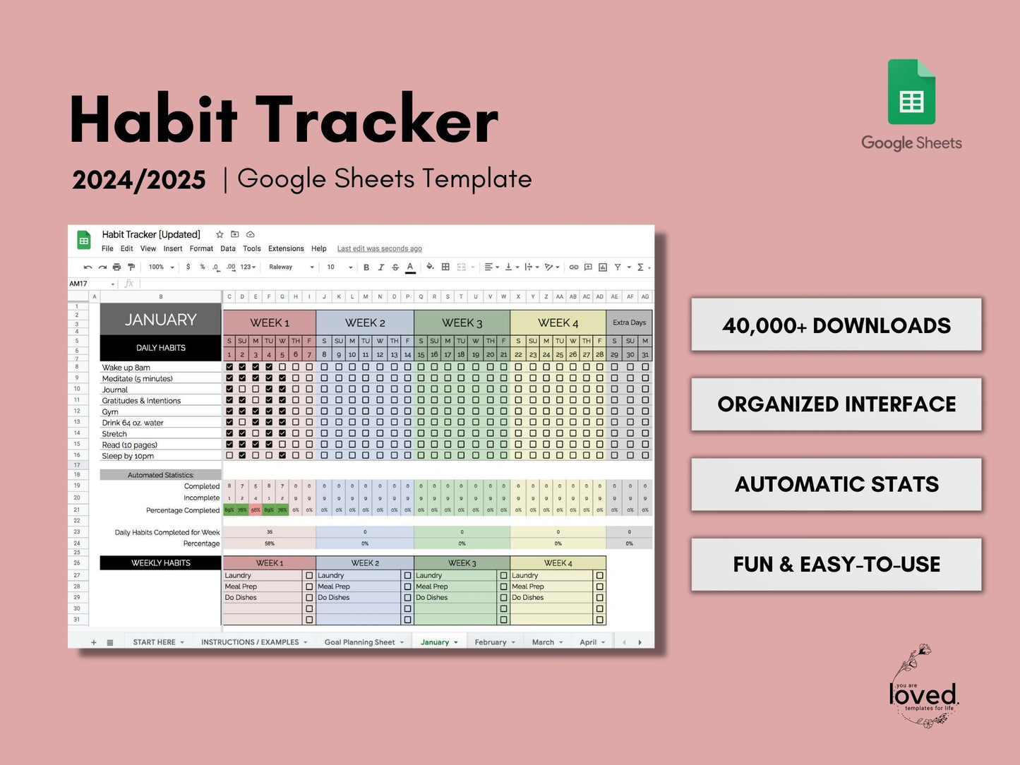 Habit Tracker 2024/2025 | Google Sheets Template