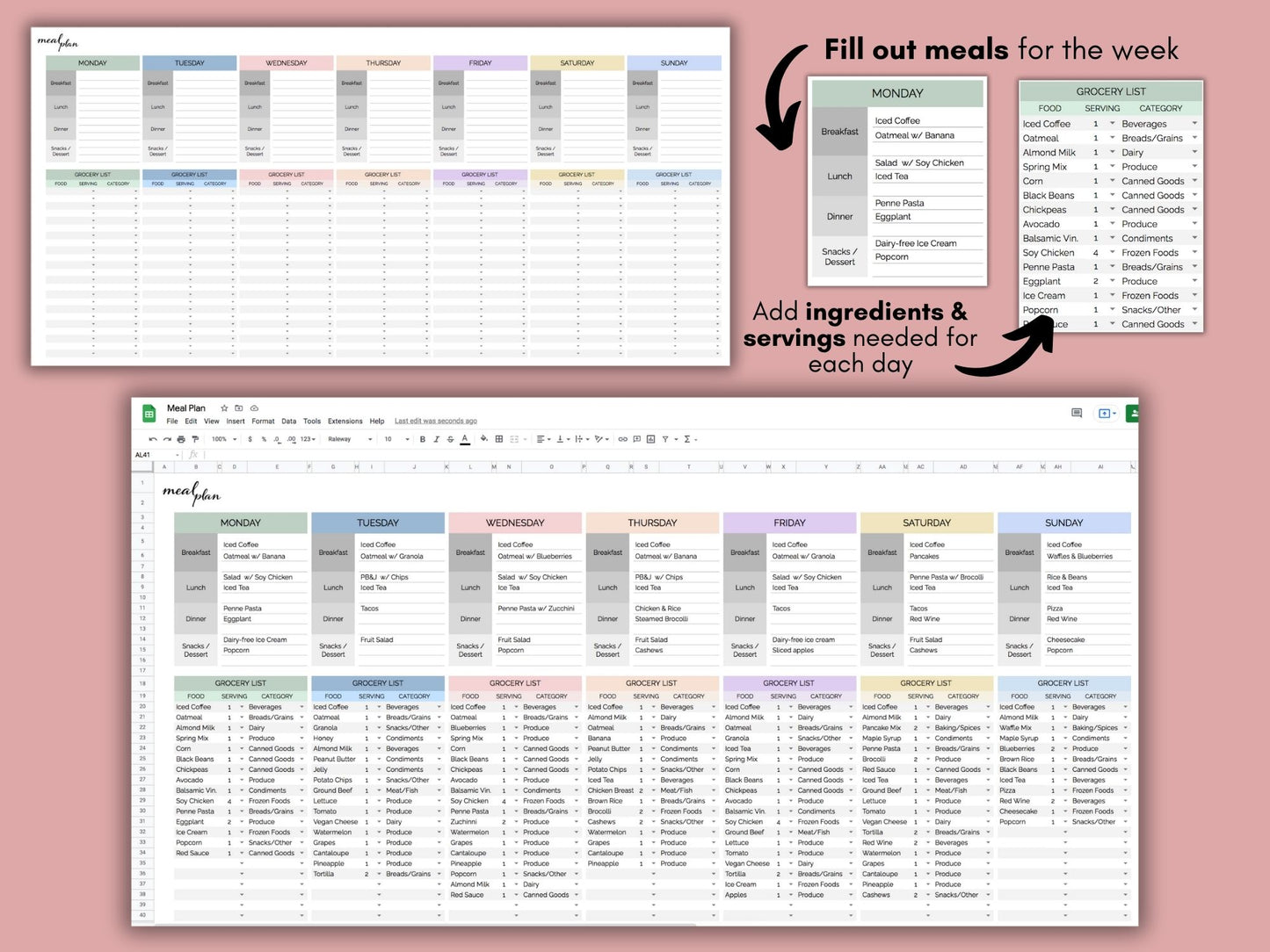 Meal Planner & Automated Grocery List | Google Sheets