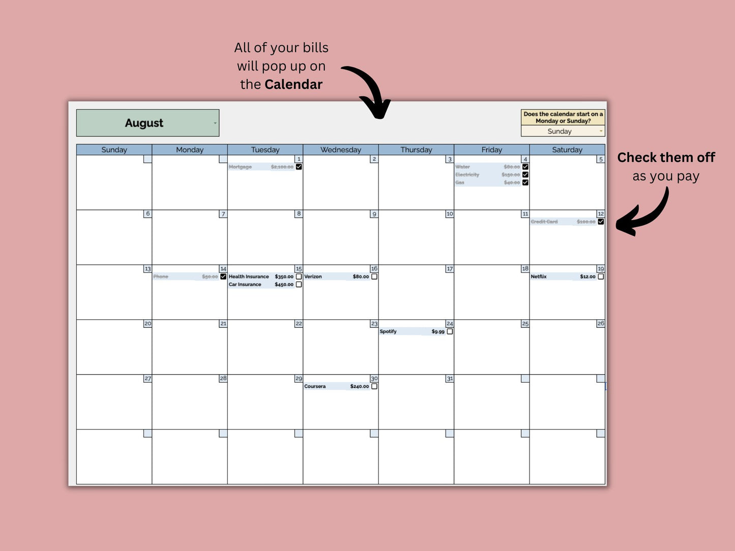 Bills Tracker & Calendar | Google Sheets Template