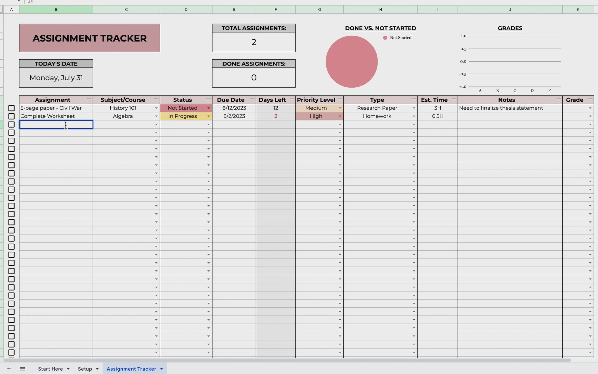 assignments google sheets template