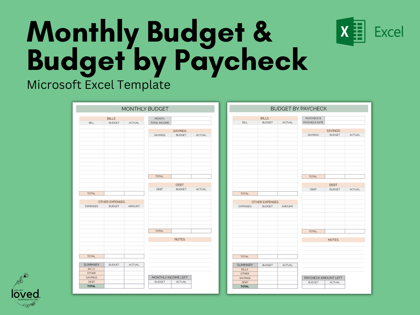 Budget by Paycheck & Budget by Month | MICROSOFT EXCEL