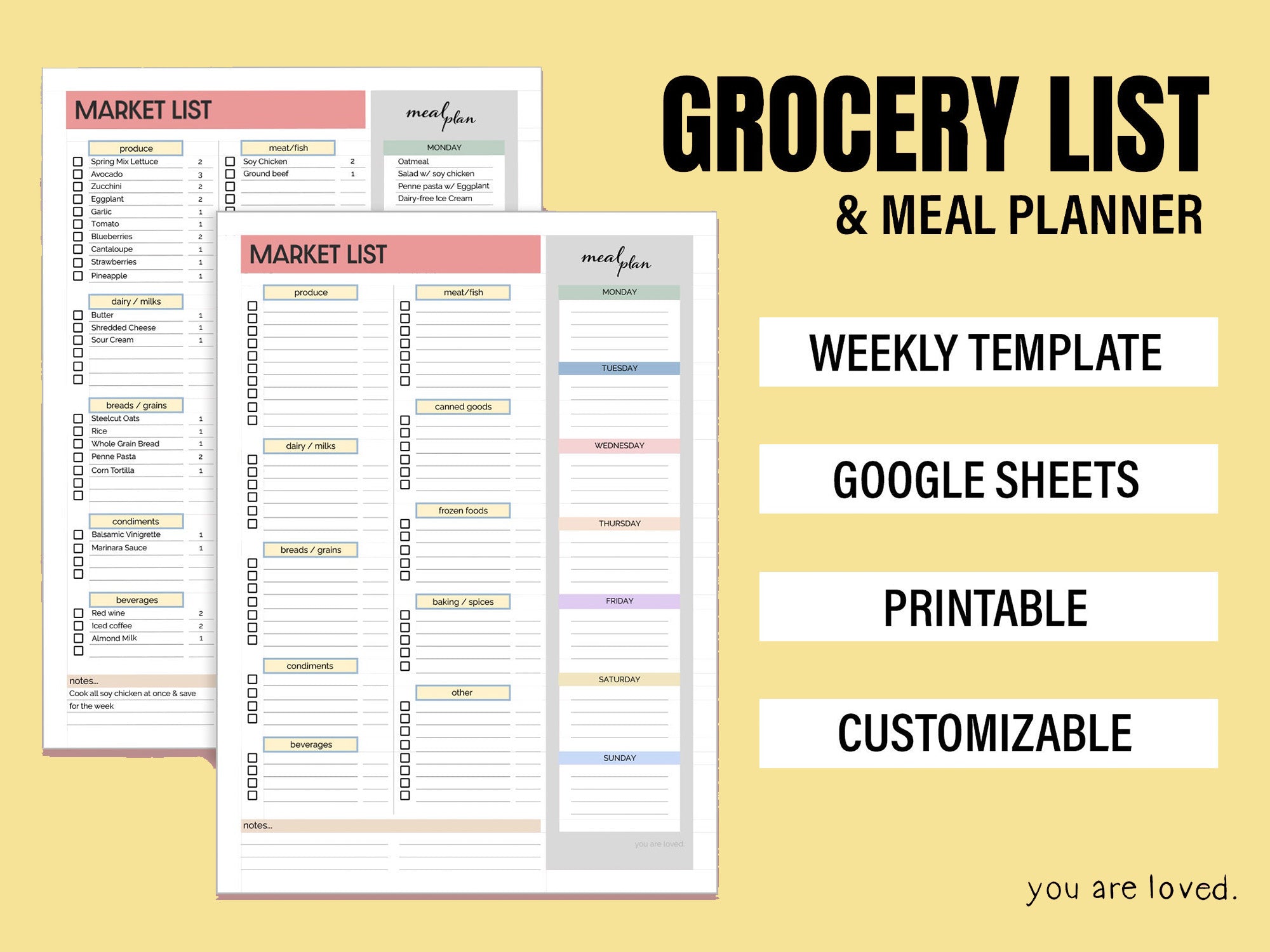 Grocery List & Meal Planner | Printable PDF – You are Loved Templates