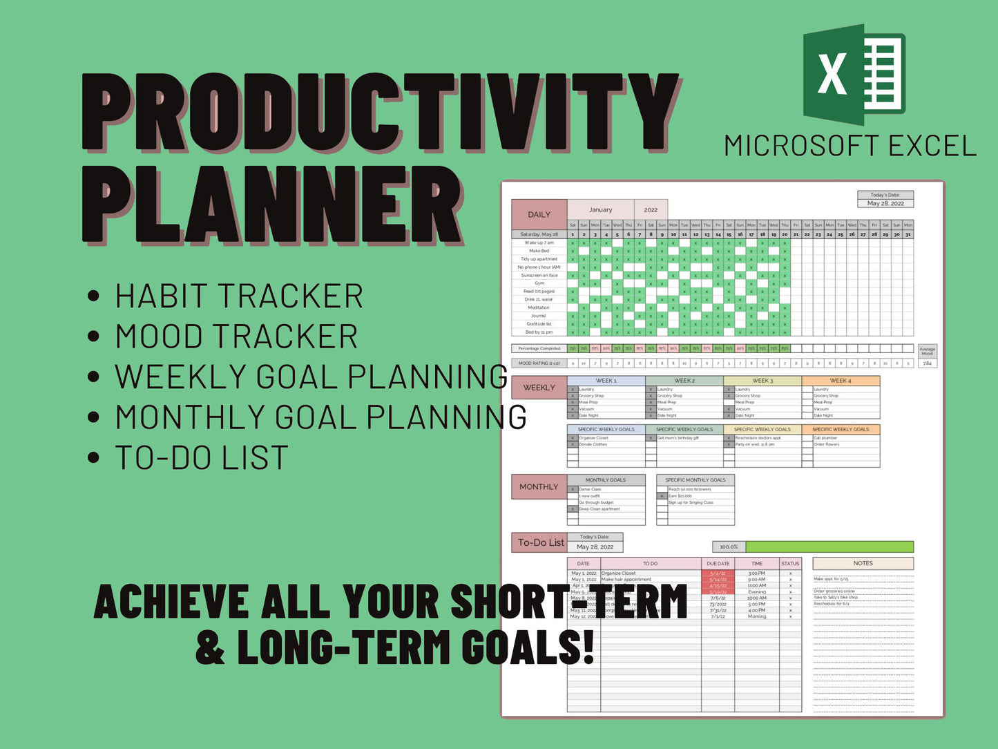 Productivity Planner MICROSOFT EXCEL You are Loved Templates