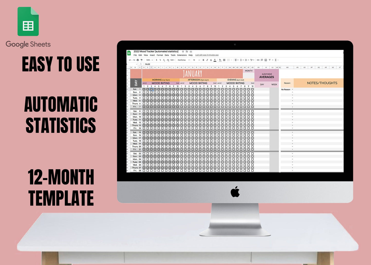 Mood Tracker | Automatic Monthly/Yearly Statistics | Google Sheets Template
